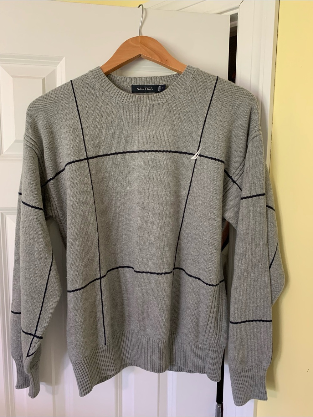 Gray 100%Cotton Crew Nautica Windowpane Pullover Sweater Men